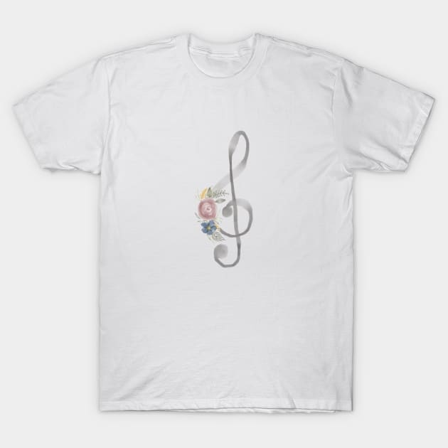 Treble Clef Watercolor Floral T-Shirt by Harpleydesign